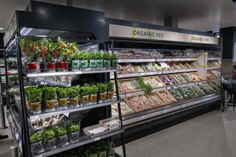 Organic veg on display at Waitrose John Barnes store, London